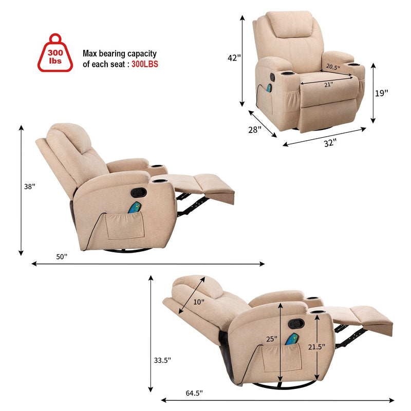 Homall 360° Fabric Swivel Rocker Recliner, Electric Massage Recliner Chair
