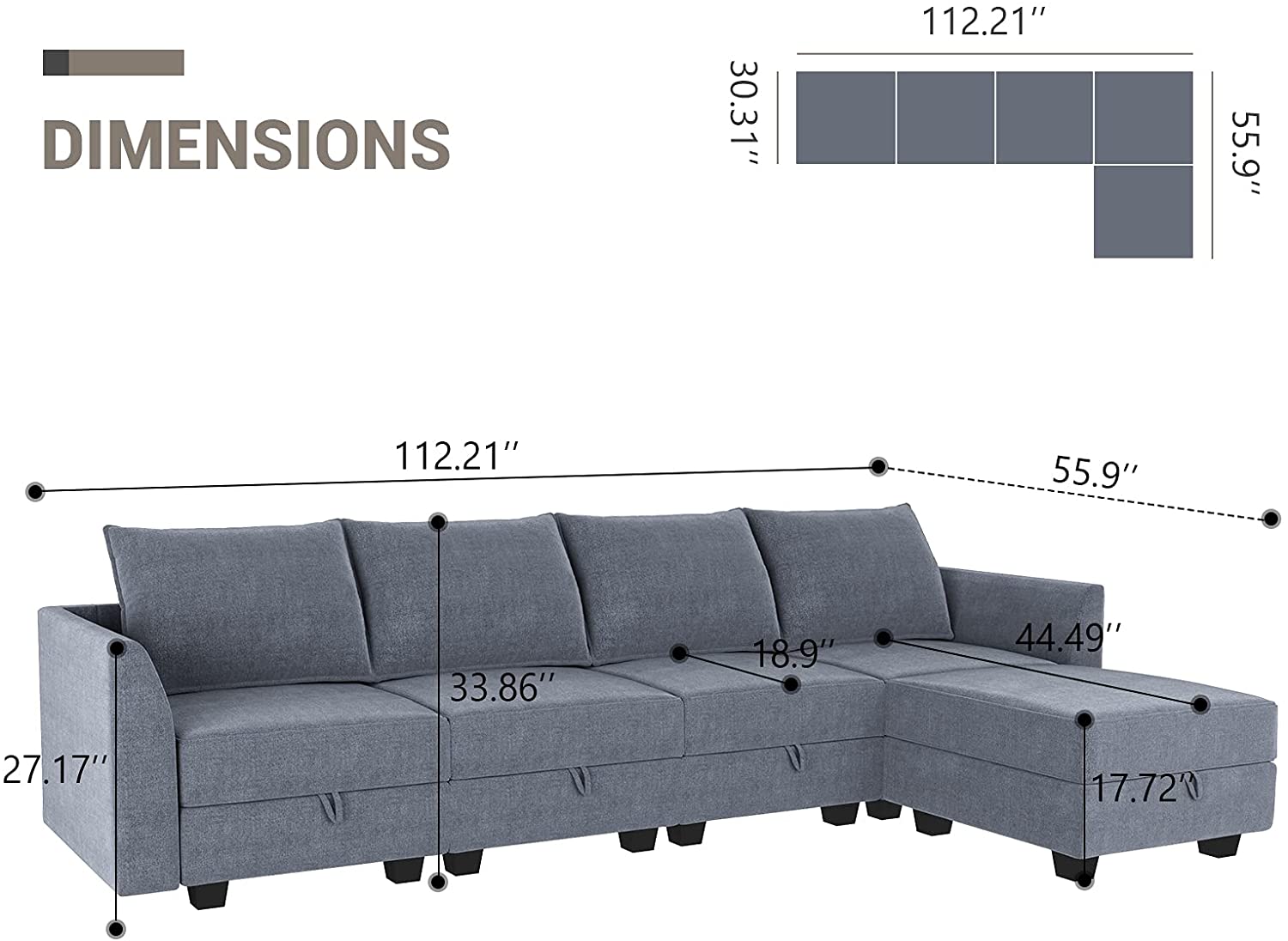 Homall Sectional Couch with Reversible Chaise, Modular Corner Sofa with Ottoman