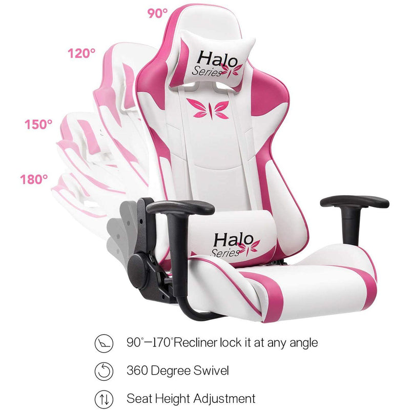 Homall White/Pink Girl Gaming Chair Adjustable Racing Chair